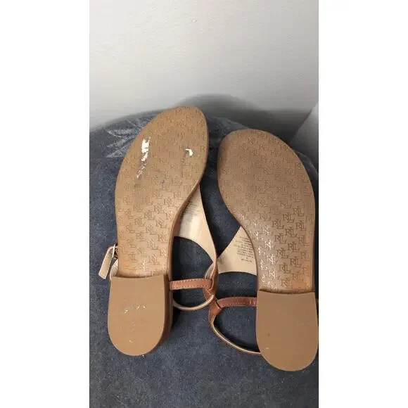 Lauren Ralph Lauren Ellington Sandals 7B Brown Leather RL Logo Thong T Strap - Picture 5 of 6
